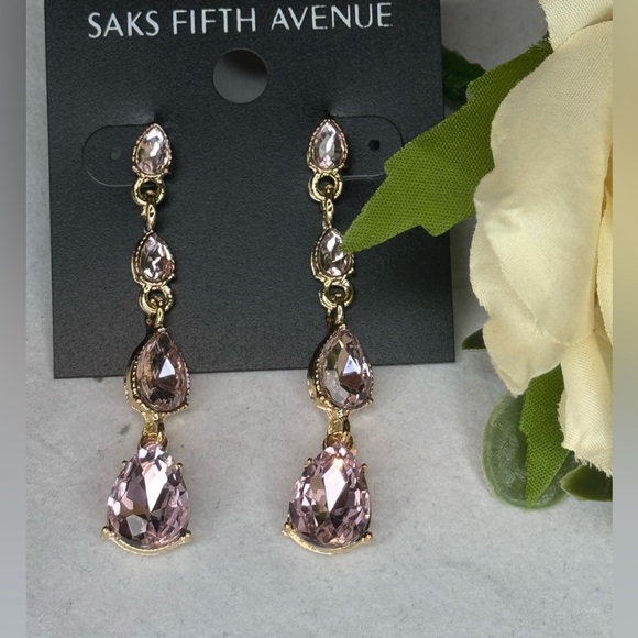 Simply Elegant Saks Fifth Avenue Pink Crystal Dangle Statement Earrings 2.25in - Picture 4 of 9
